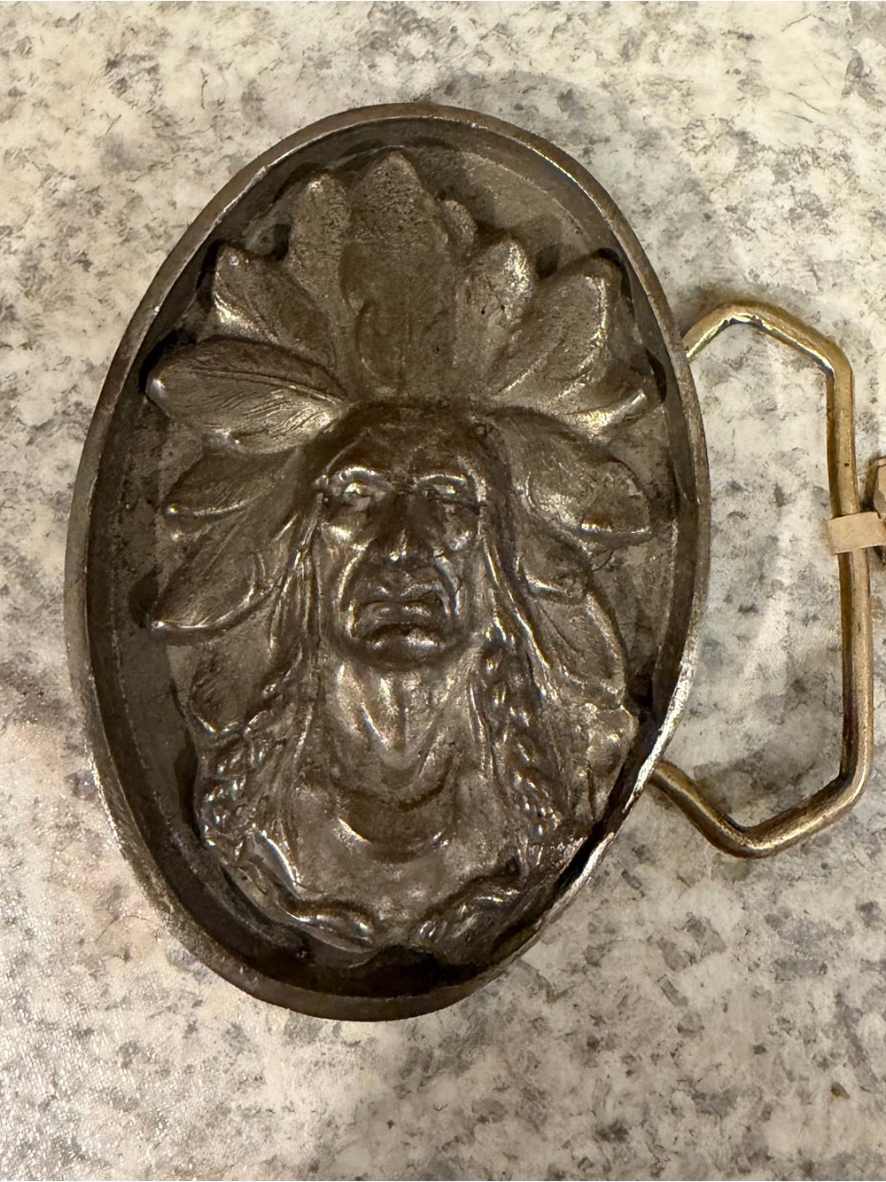 Oval Metal Belt Buckle with Headdress Design -